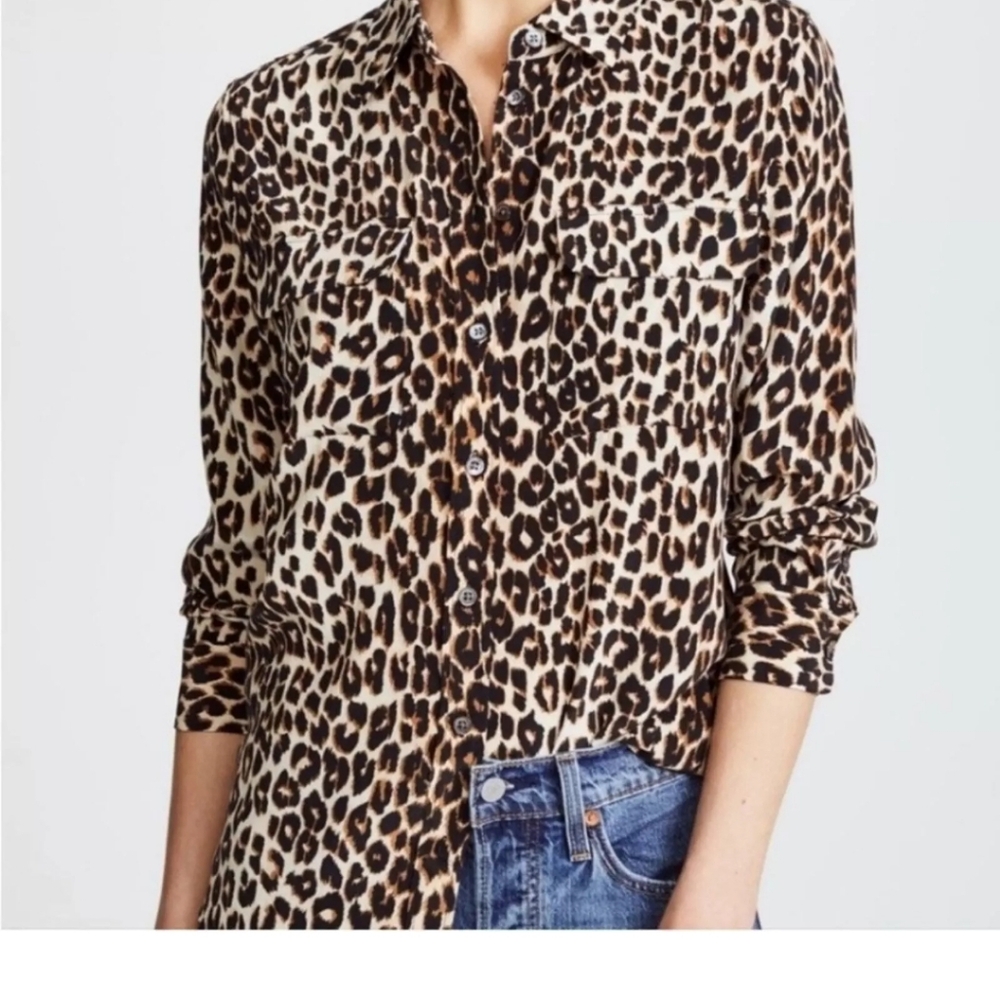 Equipment Femme Silk Animal Print Leopard Blouse L Slim Fit